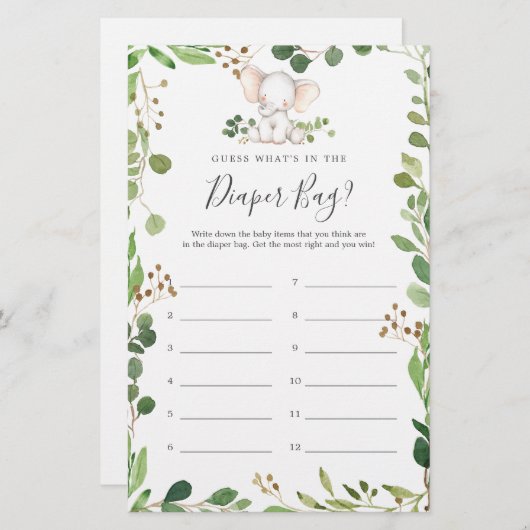 Olifant Baby shower Raad wat er in luiertas zit (Voorkant / Achterkant)