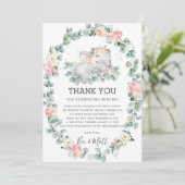 Olifant Baby shower roze bloemengroen meisje Bedankkaart (Staand voorkant)