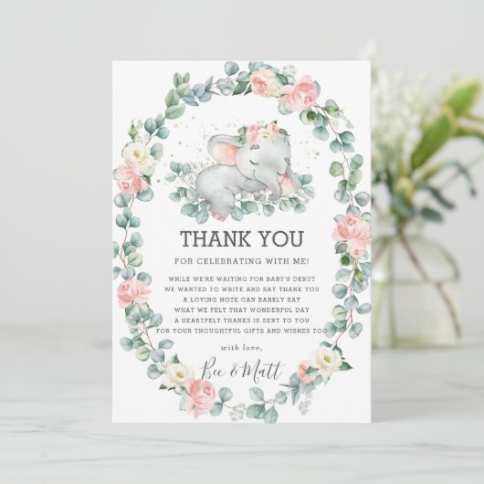 Olifant Baby shower roze bloemengroen meisje Bedankkaart (Staand voorkant)