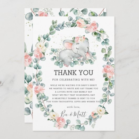 Olifant Baby shower roze bloemengroen meisje Bedankkaart (Voorkant / Achterkant)