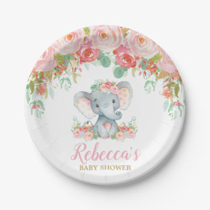 Olifant Baby Shower Roze Bloesem Bloemendessert 7" Papieren Bordje
