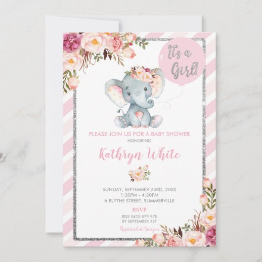 Olifant Baby shower Roze en Zilveren Uitnodiging (Voorkant)