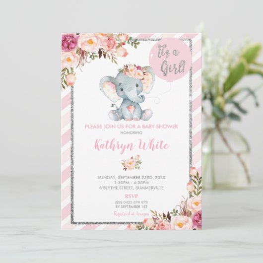 Olifant Baby shower Roze en Zilveren Uitnodiging (Staand voorkant)