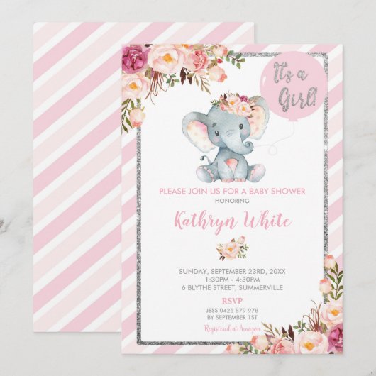 Olifant Baby shower Roze en Zilveren Uitnodiging (Voorkant / Achterkant)