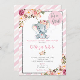 Olifant Baby shower Roze en Zilveren Uitnodiging