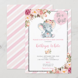 Olifant Baby shower Roze en Zilveren Uitnodiging