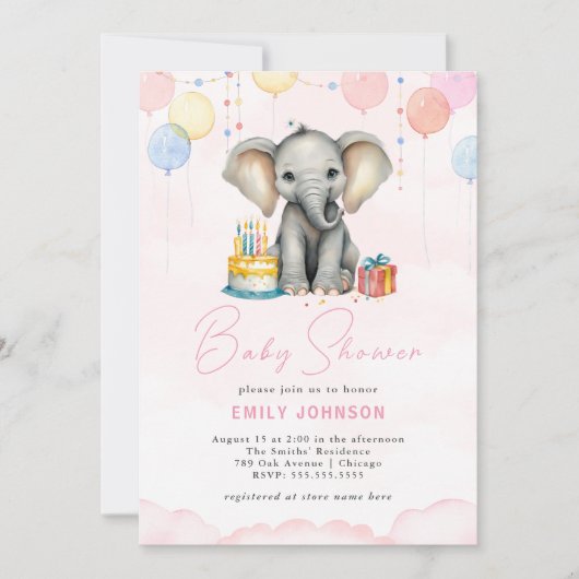 Olifant Baby shower Roze Invitation Kaart (Voorkant)