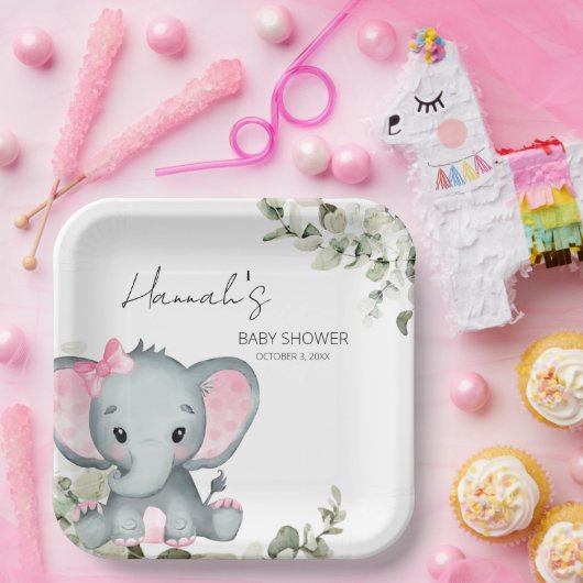 Olifant Baby shower Roze Meisje Papieren Bordje (Feest)
