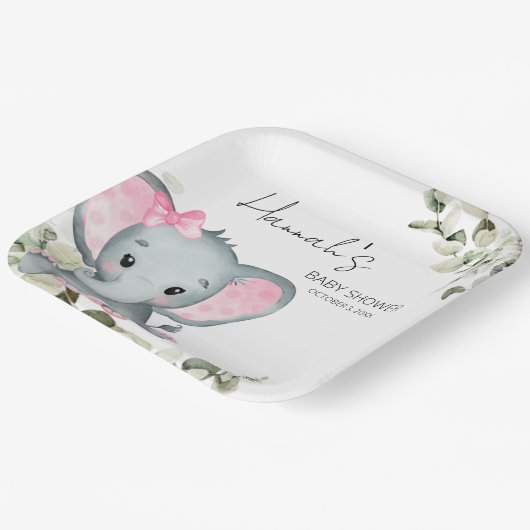 Olifant Baby shower Roze Meisje Papieren Bordje (Gebogen)