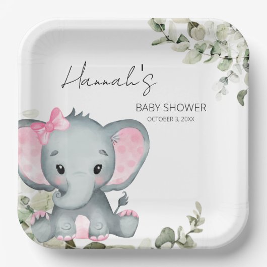 Olifant Baby shower Roze Meisje Papieren Bordje (Voorkant)