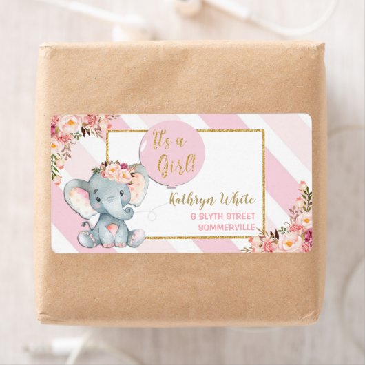 Olifant Baby shower roze retour adreslabels Etiket (Insitu)