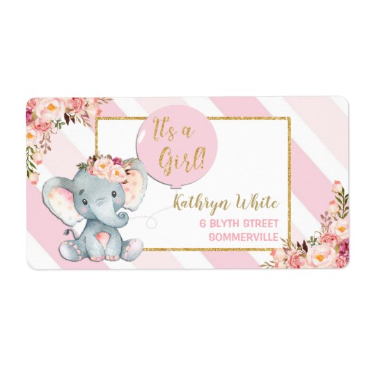 Olifant Baby shower roze retour adreslabels Etiket (Voorkant)