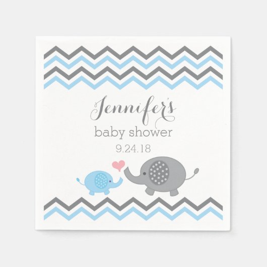 Olifant Baby shower servetten blauw grijs Chevron (Voorkant)