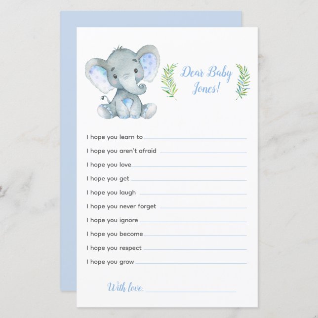 Olifant Baby shower spel Beste Baby wensen (Voorkant / Achterkant)