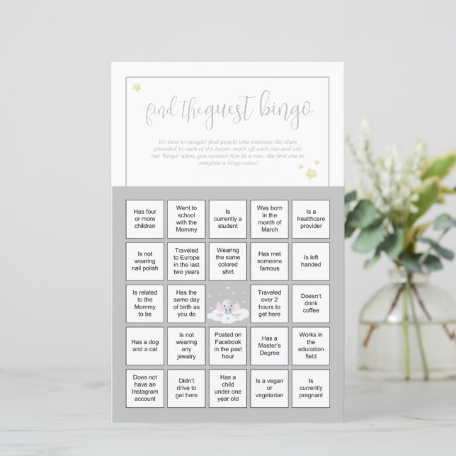 Olifant Baby shower spel Gast Bingo (Staand voorkant)
