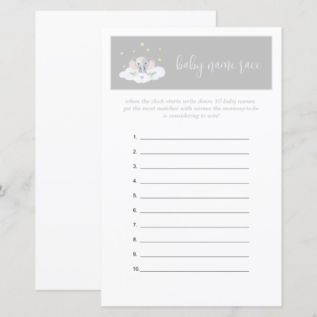 Olifant Baby shower spel gissen spel grijs (Voorkant / Achterkant)