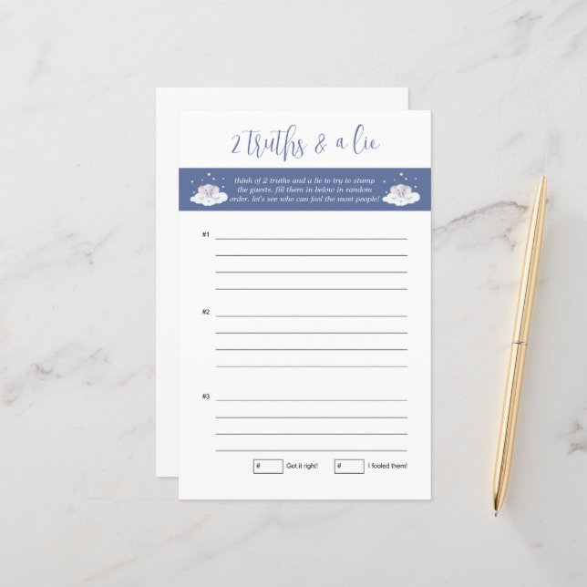 Olifant Baby shower spel twee waarheden en een leu (Voorkant / Achterkant in situ)