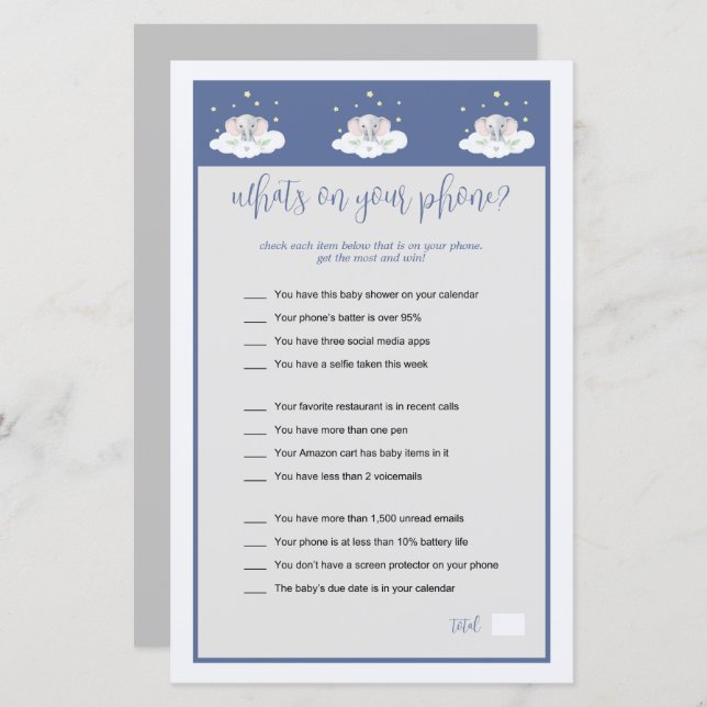 Olifant Baby shower spel Wat is er op je telefoon (Voorkant / Achterkant)