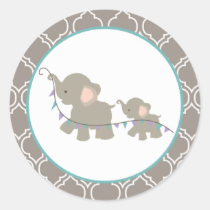 Olifant Baby shower Stickers - Lavendel/Blauwgroen