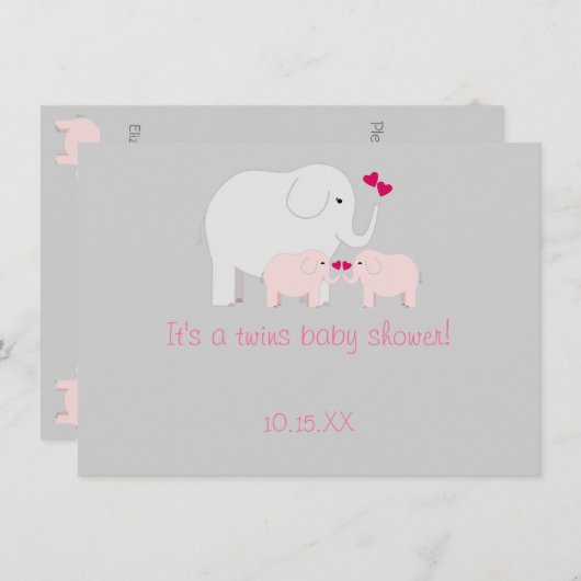 Olifant Baby shower Twin Meisjes Kaart (Voorkant / Achterkant)
