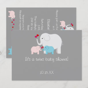 Olifant Baby shower Twins Jongen Meisje Kaart