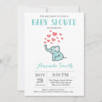Olifant Baby Shower Uitnodiging Aqua en Grijs