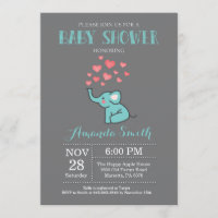 Olifant Baby Shower Uitnodiging Aqua en Grijs Jong