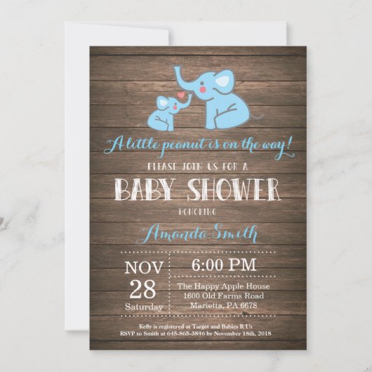 Olifant Baby Shower Uitnodiging Blauw Rustiek (Voorkant)