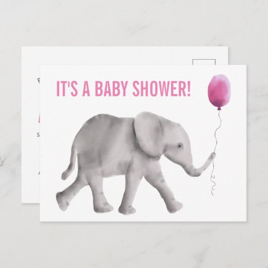Olifant Baby shower Uitnodiging Briefkaart, Roze (Voorkant / Achterkant)