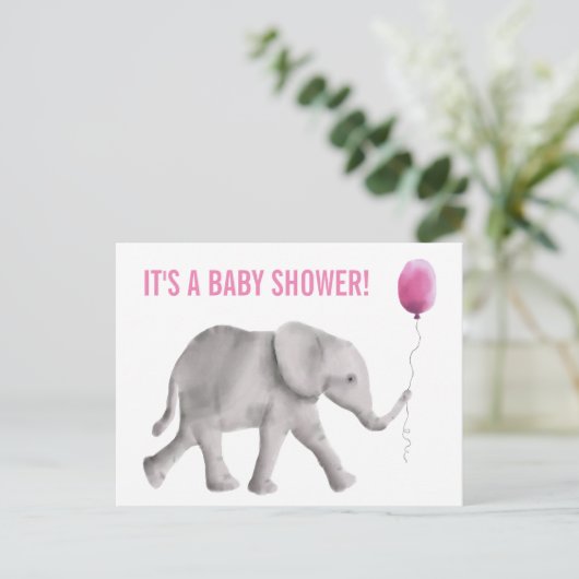 Olifant Baby shower Uitnodiging Briefkaart, Roze (Staand voorkant)