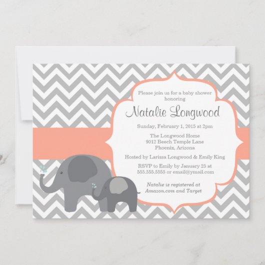 Olifant Baby shower Uitnodiging, chevron koraal Kaart (Voorkant)
