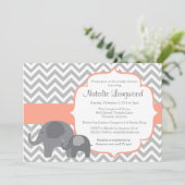 Olifant Baby shower Uitnodiging, chevron koraal Kaart (Staand voorkant)
