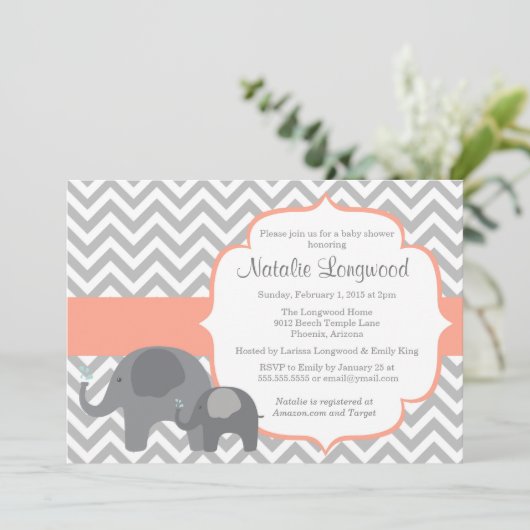 Olifant Baby shower Uitnodiging, chevron koraal Kaart (Staand voorkant)