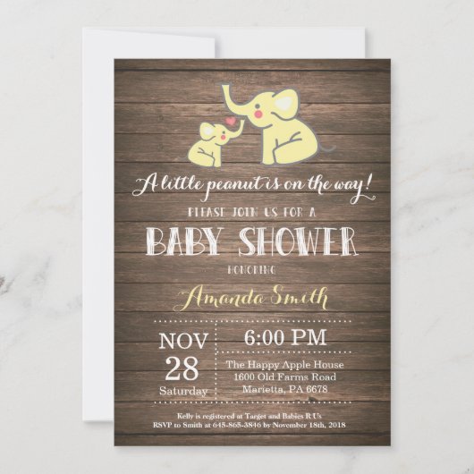 Olifant Baby Shower Uitnodiging Geel Rustiek (Voorkant)