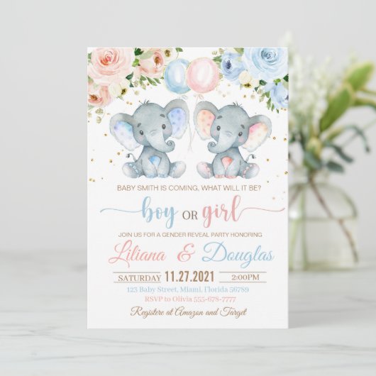 Olifant Baby Shower Uitnodiging Geslacht onthullin (Staand voorkant)