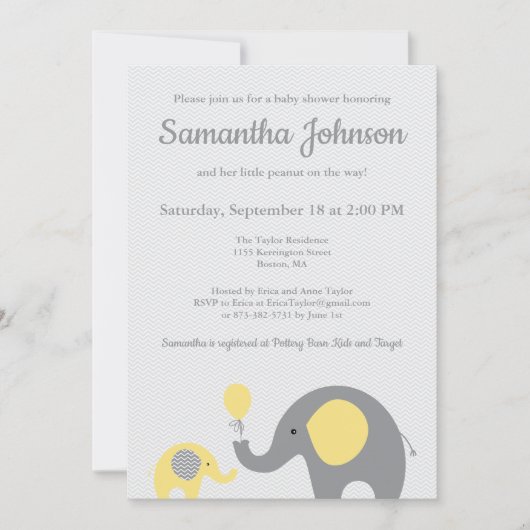 Olifant Baby shower Uitnodiging in Geel en Grijs (Voorkant)