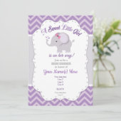 Olifant Baby shower Uitnodiging, Meisje, Paarse, G Kaart (Staand voorkant)