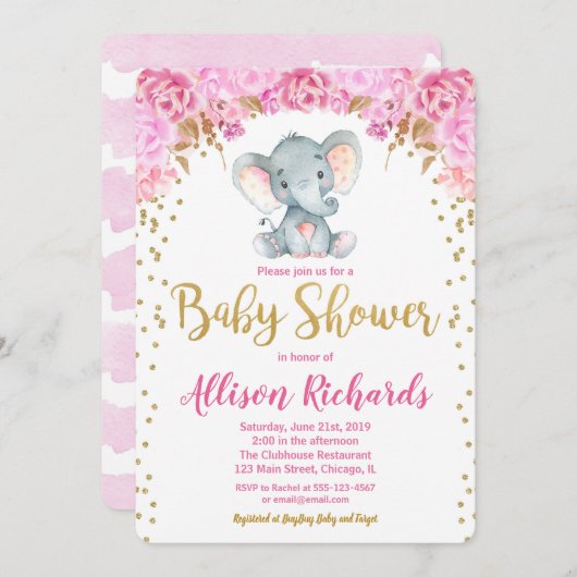 Olifant baby shower uitnodiging meisje roze goud (Voorkant / Achterkant)