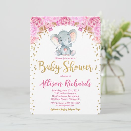 Olifant baby shower uitnodiging meisje roze goud (Staand voorkant)