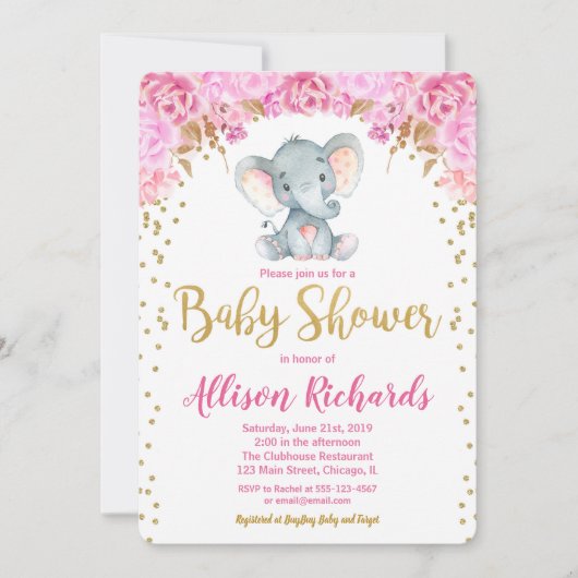 Olifant baby shower uitnodiging meisje roze goud (Voorkant)