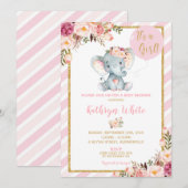 Olifant Baby shower Uitnodiging Meisje Strepen (Voorkant / Achterkant)