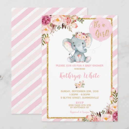 Olifant Baby shower Uitnodiging Meisje Strepen (Voorkant / Achterkant)