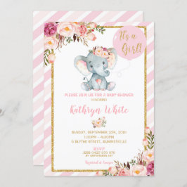 Olifant Baby shower Uitnodiging Meisje Strepen