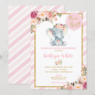 Olifant Baby shower Uitnodiging Meisje Strepen