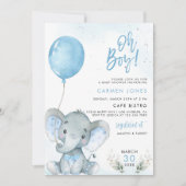 Olifant Baby Shower Uitnodiging met Blauwe Ballon (Voorkant)