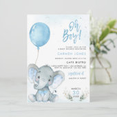 Olifant Baby Shower Uitnodiging met Blauwe Ballon (Staand voorkant)