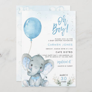 Olifant Baby shower Uitnodiging met Blue Balloon