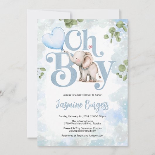 Olifant Baby Shower Uitnodiging - O Jongen (Voorkant)