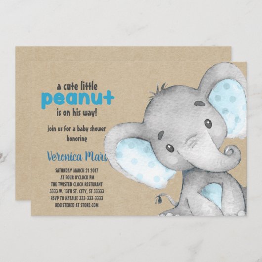 Olifant baby shower uitnodiging pinda baby invite (Voorkant / Achterkant)