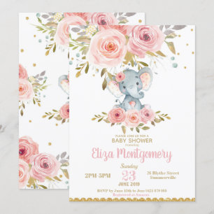 Olifant Baby shower Uitnodiging Roze Bloemen Meisj